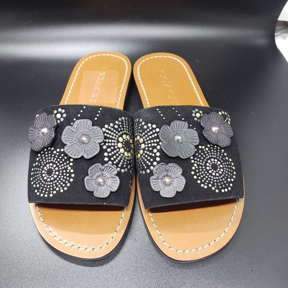 Coach size 5 black Rivet Tea Rose slide sandal - Picture 3 of 10